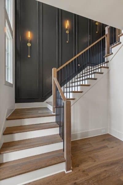 Unique Remodel Ideas, Wall Feature Staircase, Front Flex Room Ideas, Wainscotting Ideas Stairway, Wood Wall Stairs, Staircase Walls Makeover, Stairwell Design Ideas, Molding On Stairway Wall, Black Staircase Wall