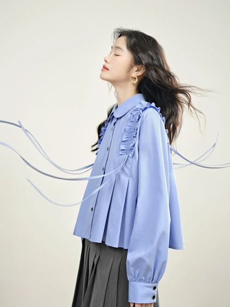 Ruffle Trim Blouse – KUOSE.com Light Blue Blouse, Fancy Shirt, Bow Fashion, Embellished Shirt, Modest Wear, Winter Trends, Modest Fashion Outfits, Blue Shirt, Ruffle Trim