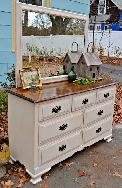 Diy Redo Bedroom Furniture, Cream Painted Dresser Ideas, Refinished Maple Furniture, Cream Colored Painted Furniture, Restored Antique Dresser, Maple Furniture Bedroom, Cream And Wood Dresser, Cream Dresser Makeover, Cream Painted Dresser