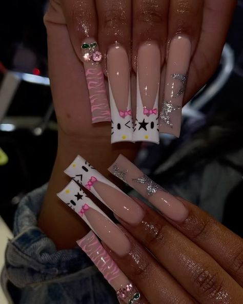 Kitty Nails, Long Acrylic Nail Designs, Colored Acrylic Nails, Hello Kitty Nails, Exotic Nails, Long Acrylic Nails Coffin, Acrylic Nails Coffin Pink, Long Square Acrylic Nails, Unique Acrylic Nails