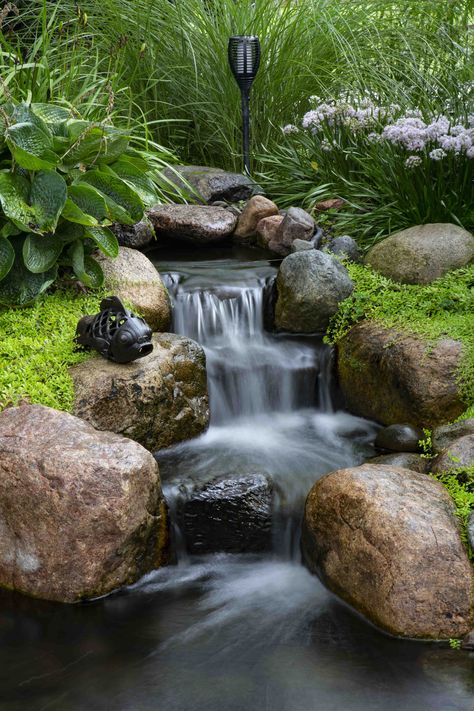 Small Waterfall Ideas For Home, Backyard Streams, Ponds Ideas, Backyard Waterfalls, Backyard Stream, Small Waterfalls, Small Garden Waterfalls, Garden Stream, Backyard Waterfall