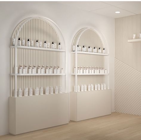 Retail Skincare Display, Beauty Salon Retail Display Ideas, Slatwall Ideas Retail, Small Retail Store Design Boutiques, Arch Shelving, Retail Shelving Display, Therapist Office Decor Private Practice, Small Retail Store Design, Arch Shelves