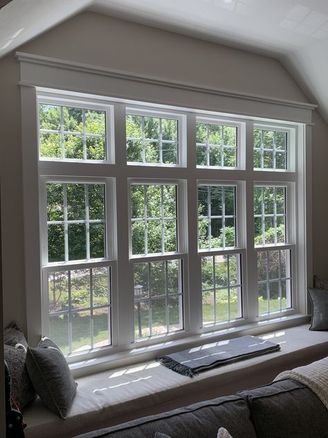 Both the beauty and smooth operation of double-hung windows with mulled transoms will be a simple pleasure. Colonial Windows, Diy Crown Molding, Wall Of Windows, Interior Window Trim, Interior Window, Window Designs, Kitchen Addition, Window Seats, Diy Crown