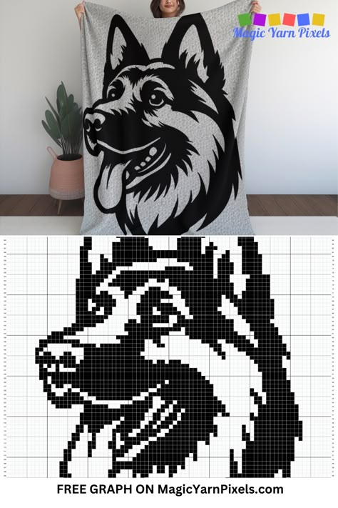 Create a beautiful  German Shepherd Afghan with this C2C crochet pattern. Give it as a gift or decoration in your living space. Download the free crochet graph from MagicYarnPixels. Written C2C and row-by-row patterns with multipage graph are also available. C2c Crochet Dog Pattern Free, Crochet Graphgan Patterns Free Charts, Graphagram Crochet, Crochet Graphs Free Charts, Free Graphgan Patterns Crochet, Pixel Graph Crochet Chart Free Pattern, Crochet C2c Pattern Free, C2c Crochet Pattern Free Charts, Crochet Graphgan Patterns