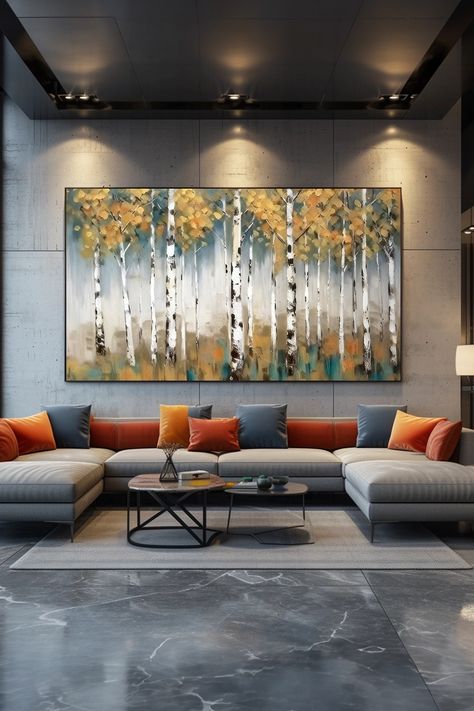 Original handmade oil painting of birch tree forest with golden autumn foliage and white trunks against misty background Birch Tree Forest, Behind The Couch, Large Scale Artwork, Birch Tree Art, Surreal Scenes, Autumn Foliage, Tree Forest, Birch Tree, Handmade Oil