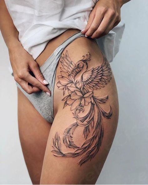 Phoenix Tattoo Feminine, Hip Thigh Tattoos, Belly Tattoos, Phoenix Tattoo Design, Hip Tattoos Women, Leg Tattoos Women, Thigh Tattoos Women, Phoenix Tattoo, Back Tattoo Women