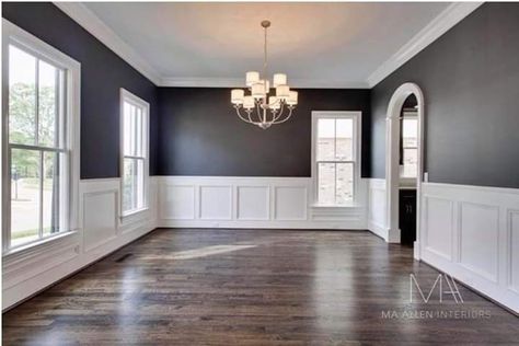 Dark Grey Dining Room, Dark Wood Floors Living Room, Floor Hardwood, Living Room Wood Floor, White Wainscoting, Grey Wood Floors, Dark Grey Walls, Room Dark, Dark Wood Floors