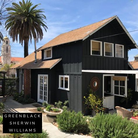 Black Exteriors- 12 Favorite Black Paints and Ours! - Nesting With Grace Sw Greenblack, Sherwin Williams Greenblack, Greenblack Sw, Sherwin Williams Sea Salt, Industrial Bohemian, Marble Quarry, Lakehouse Ideas, Black Houses, Black Paint Color