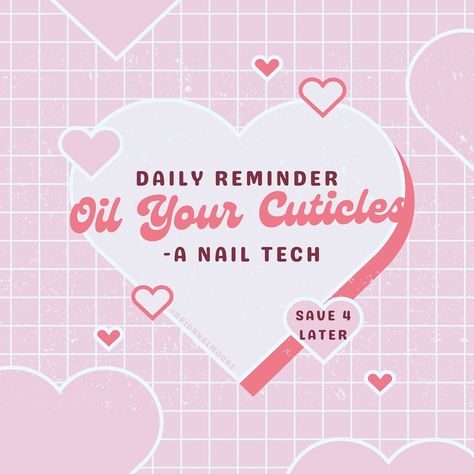 Daily Reminder: Oil Your Cuticles 💗✨ ⚡️Nail friends feel free to share Keeping your hands and cuticles hydrated is a major keep in longer lasting nails 💅🏽 the nail girlies can’t stress it enough 🙌🏽💕 Nail Care | Cuticle Care | Nail Quotes | Quotes #nailsdaily #nailquotes #cuticleoil #nailcare #nailtechlife #beautypro #nailpro #cuticles Oil Your Cuticles Quotes, Pink Nail Quotes, Nail Content Ideas, Nail Tech Quotes, Business Nails, Nail Quotes, Cuticle Care, Tongue Health, Nail Care Tips