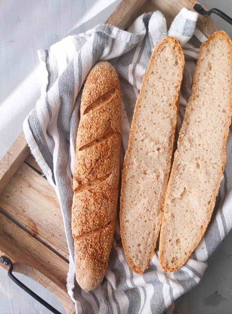 Gluten-Free Sourdough Baguette (French Bread) - Natasha's Home Gluten Free Baguette Recipe, Sourdough Baguette Recipe, Gluten Free French Bread, French Baguette Recipe, Sourdough Baguette, Gluten Free Baguette, Ciabatta Bread Recipe, Gluten Free Sourdough Bread, Vegan Bread Recipe