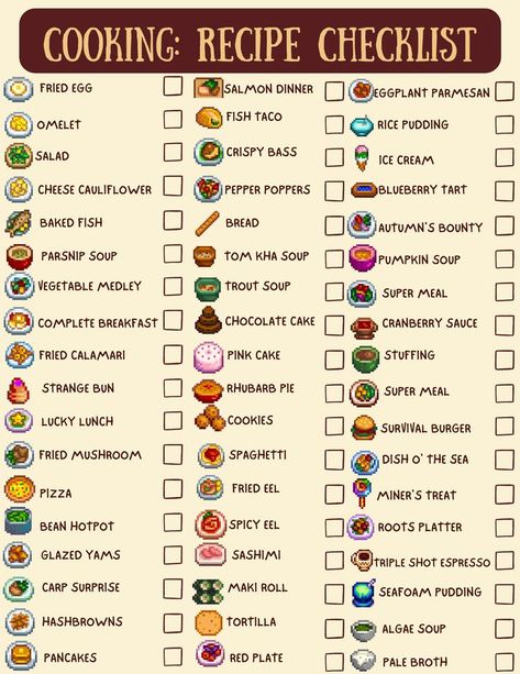 I created this printable stardew valley template for anybody to download and use for free! Find page two of the checklist on my "Life in the Valley" Board - also available for free download Have fun cooking and buying mini fridges 💜 Stardew Valley Cooking Recipes, Stardew Valley Cookbook, Stardew Valley Food, Stardew Tips, Grocery Healthy, Stardew Ideas, Stardew Farms, Stardew Valley Layout, Stardew Valley Tips