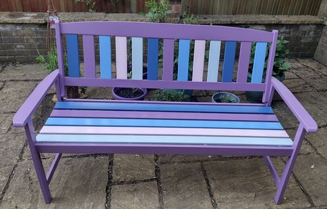 Wooden garden bench painted shades of blue and purple. Cuprinol Garden Shades, Lavender Garden, Happiness Project, Purple Pansy, Wooden Bench, Garden Bench, Back Garden, Sweet Pea, Shade Garden