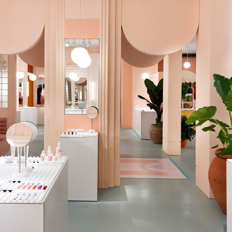 Glossier, Miami Glossier Pop Up, Glass Blocks Wall, Miami Art Deco, Michael Rooker, Jeff Koons, Beauty Pop, Removable Wall Murals, Boutique Interior, Art Deco Architecture