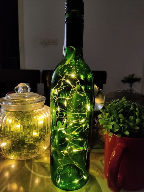 Fairy Light Bottles, Fairy Lights In Bottles, Green Bottle, Jar Lights, Bottle Lights, Bottles And Jars, Quince, Fairy Lights, Light Green