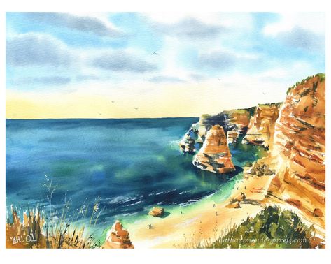 Painting Portugal Portuguese Paintings, Portugal Painting, Beach Paintings, Beach Drawing, Watercolor Art Landscape, Castle Art, Algarve Portugal, Watercolor Cat, Sea Art