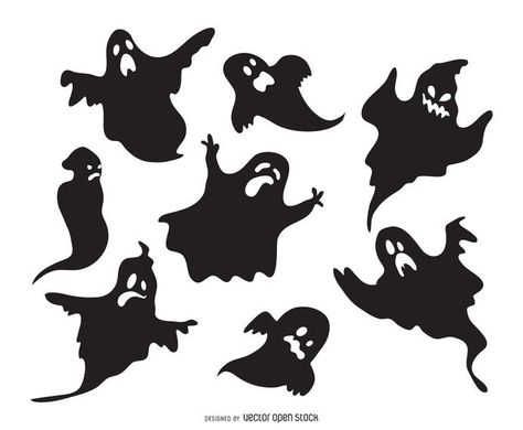 Set of ghost silhouettes featuring ghosts with different expressions and shapes. Great for Halloween designs. Trick or treat! Ghost Template, Ghost Silhouette, Moldes Halloween, Flying Ghost, Halloween Stencils, Halloween Facts, Ghost Svg, Silhouette Template, Adornos Halloween