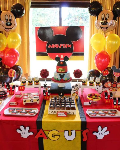 Dessert table at a Mickey Mouse baptism party! See more party ideas at CatchMyParty.com! Cupcakes Minnie Mouse, Invitation Mickey Mouse, Mickey Mouse Theme Party, Mickey Mouse Party Decorations, Baptism Party Ideas, Mickey 1st Birthdays, Mickey Mouse Bday, Mickey Mouse Themed Birthday Party, Fiesta Mickey Mouse