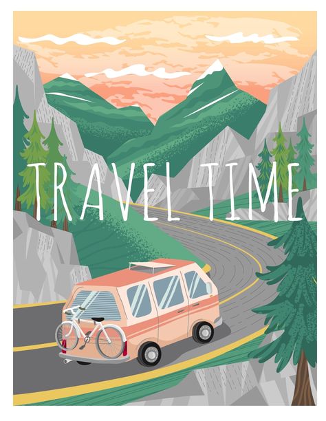 Travel time. Camper van on a mountain road. Adventure Poster Design, Vacation Illustration Art, Camping Illustration Art, Travel Illustration Design, Weekend Illustration, Trip Illustration, Insurance Illustration, Travel Illustration Art, Vacation Illustration