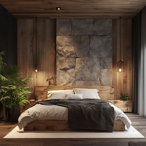 A serene bedroom showcasing a rustic design with wooden paneling on the walls and ceiling, complemented by a striking stone feature behind the bed. The bed features warm, natural wooden elements with simple white bedding and a dark blanket. Soft pendant lights hang from the ceiling, casting a cozy glow. Potted plants add a touch of nature, enhancing the room’s peaceful and earthy ambiance. Mountain Home Interiors Bedrooms, Wood And Stone Bedroom, Bedroom Ideas Wood Paneling, Stone Wall Behind Bed, Stone Wall In Bedroom, Stone Bedroom Ideas, Stone Accent Wall Bedroom, Rustic Luxury Bedroom, Bedroom With Stone Wall