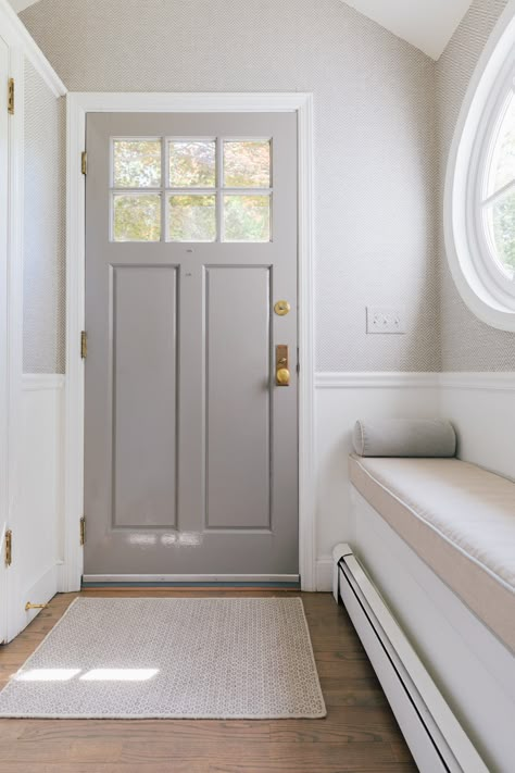 Grey Doors White Walls, Painted Doors Interior, White Walls White Trim, Interior Door Color, Hallway Doors, Church Kitchen, Interior Door Colors, Grey Interior Doors, Painted Interior Doors