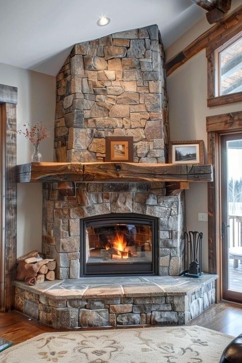 Corner Fireplace With Wood Mantle, Corner Rock Fireplace, Corner Fireplace Design, Corner Stone Fireplace, Fireplace Corner, Corner Fireplace Living Room, Corner Fireplace Ideas, Indoor Ideas, Fireplace Designs