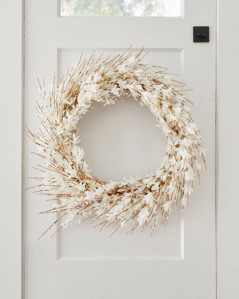 balsam-hill-white-forsythia-wreath-0821 Forsythia Wreath, Faux Succulent Wreath, Grass Wreath, Olive Wreath, Floral Door Wreaths, Traditional Wreath, Heart Shaped Wreaths, All Season Wreath, Lavender Wreath