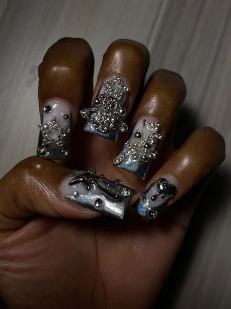 Silver Charm Nails, Silver Junk Nails, Silver Duck Nails, Rasta Nails, Duck Nails, Drip Nails, Colored Acrylic Nails, Work Nails, Vibrant Nails