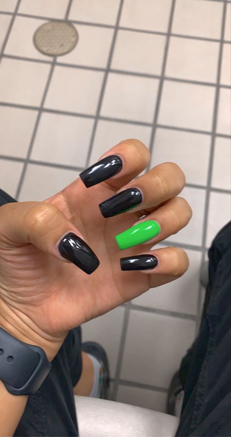 Lime And Black Nails, Like Green And Black Nails, Black Medium Length Nails, Black Green Nail Designs, Lime Green And Black Nails Design, Fluro Green Nails, Neon Green Black Nails, Black And Green Nails Short, Fluro Nails