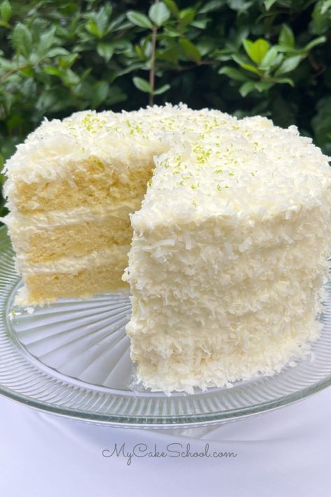 Key Lime Coconut Cake Coconut Lime Cake, Boozy Cakes, Key Lime Recipes, My Cake School, Coconut Cream Cheese Frosting, Key Lime Cake, Coconut Cream Cake, Lemon And Coconut Cake, Birthday Cake Decorating Ideas