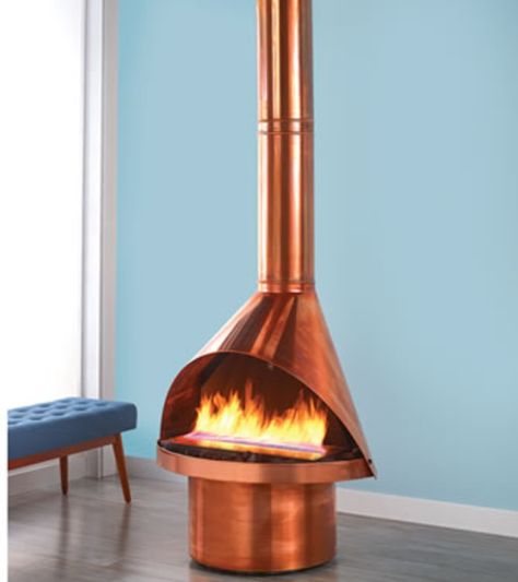 70s Cabin, Cone Fireplace, Copper Fireplace, Oast House, Mid Century Modern Fireplace, Malm Fireplace, Unique Fireplace, Chimney Decor, Volcano House