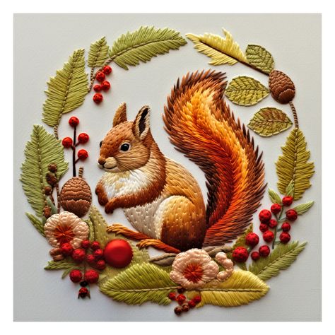 "A delightful embroidery pattern digital print featuring red squirrel with holly designs. This high-quality image is available for instant download, you will receive one JPG, full colored. the JPG file is 20\"x20\"\" 300dpi (6000x6000px). You can print it as one large wall art up to 20\"x20\" or print into smaller sizes for your need.  Please note that the files are in full colors, not line drawing. You can transfer the out lines of the image to the fabric, then you are ready to create a beautif Motif For Embroidery Design, Squirrel Embroidery Pattern, Large Embroidery Wall Art, Embroidery On Red Fabric, Squirrel Embroidery, Xmas Wall Art, Diy Hand Embroidery, Crewel Embroidery Patterns, Squirrel Art