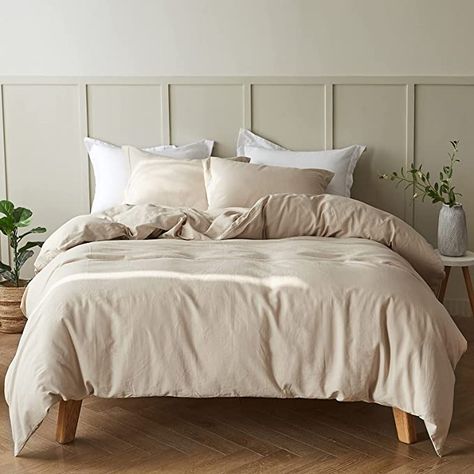 Flax Bedding, Brown Wood Bed, Neutral Duvet Covers, Neutral Duvet, Beige Duvet Cover, School Bedroom, Traveling Nurse, Bedding And Curtains, Beige Duvet