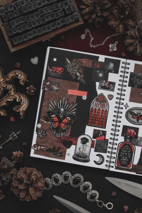 Red And Black Scrapbook Pages, Goth Bullet Journal, Dark Journal Aesthetic, Red Gothic Aesthetic, Journal Page Ideas Inspiration, Gothic Bullet Journal, Aesthetic Bujo Ideas, Witch Bullet Journal, Bullet Boy