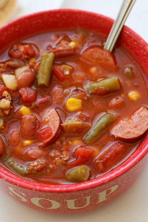 Texas Cowboy Soup, Soup With Hamburger, Cowboy Soup, Cowboy Stew, Beans Potatoes, Texas Cowboy, Hamburger Soup, Lean And Green Meals, Sausage Soup