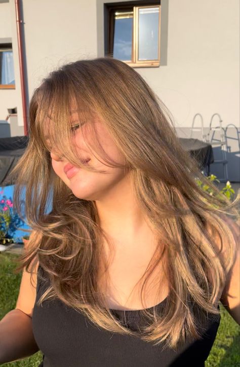 Long Curtain Bangs Light Brown Hair, Light Brown Hair With Layers And Curtain Bangs, Curtain Bangs Light Brown Hair, Light Brown Curtain Bangs, Light Brown Hair Curtain Bangs, Light Brown Hair Girl Aesthetic, Light Brown Hair Layers, Light Brown Hair With Curtain Bangs, Light Curtain Bangs