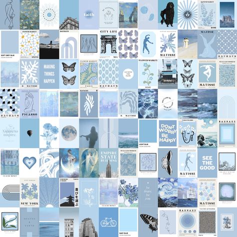 Decor Vision Board, Blue Wall Collage, Board Mood, Printable Wall Collage, Photo Collage Wall, Collage Wall Art, Light Blue Walls, Lilo And Stitch Drawings, Unique Gallery Wall