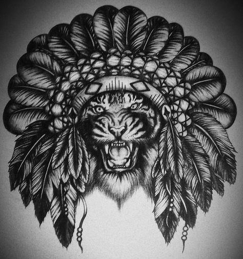 Chief Tiger Tattoo Tiger Headdress Tattoo Design, Tiger Headdress Tattoo, Headdress Tattoo Design, Tiger Headdress, Indian Headdress Tattoo, Outdoor Tattoo, Headdress Tattoo, Native American Tattoos, Indian Headdress