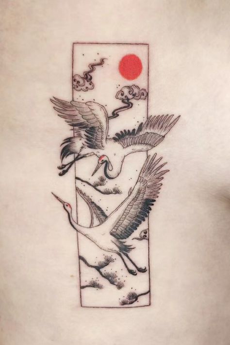 Tato Geisha, Tatuaje Studio Ghibli, Henne Tattoo, Backpiece Tattoo, Crane Tattoo, 16 Tattoo, Asian Tattoos, Japanese Tattoo Art, Dessin Adorable