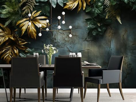 DARK Concrete Wall With Tropical Leaves Palm Tropical Wallpaper Tropical Landscape Mural Vintage Jungle Pattern 516 - Etsy Romania Landscape Mural, Landscape Wall Mural, Wallpaper Tropical, Painted Wallpaper, Poster Living Room, Tropical Landscape, Jungle Pattern, Hand Painted Wallpaper, Concrete Texture