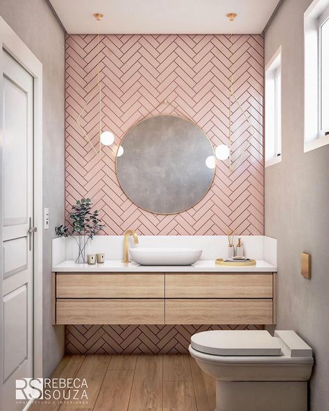 @arq_designer   Delicate composition toilet with pink chevron finish, light wood floors and countertops + round mirror and gold metals. Project: Architect Rebeca Souza Diy Bathroom Decor, Sanya, Bathroom Layout, Small Bathroom Decor, Diy Bathroom, Amazing Bathrooms, Bathroom Inspiration, Bathroom Interior Design, 인테리어 디자인