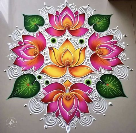 Rangoli Designs With Paint, Real Flower Rangoli Designs, Square Rangoli Design, Entrance Rangoli, Latest Rangoli Designs Images, Rangoli Designs Latest Unique, Attractive Rangoli Designs, Lotus Rangoli Designs, Padwa Rangoli