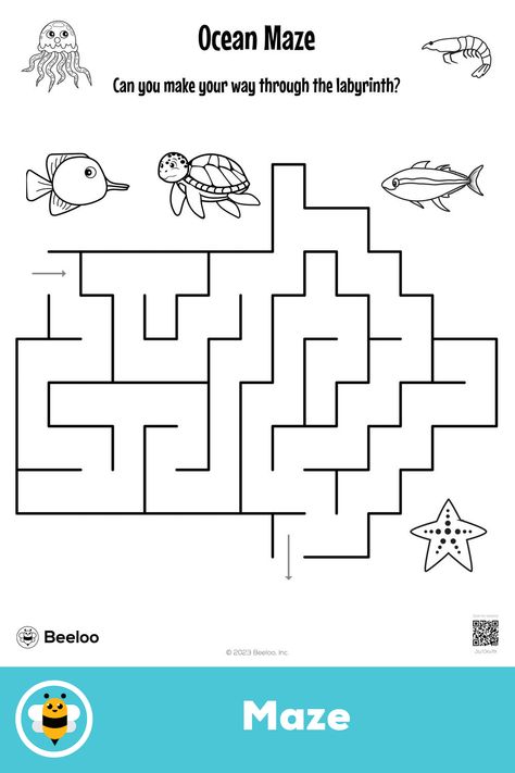 Easy ocean-themed maze for kids ages 4 and up Maze For Kids, Maze Worksheet, Crafts And Activities For Kids, Mazes For Kids, Ocean Activities, Free Printable Activities, School Printables, Printable Activities For Kids, Printable Crafts