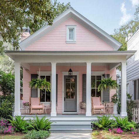 Pink And White House Exterior, Pink House White Trim, Dusty Pink House Exterior, Pink Home Exterior, Pink Houses Exterior, White House Pink Door, Pink House Exterior, Pink Places, Beach Cottage Exterior