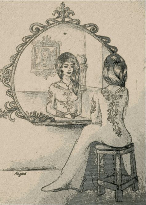 Pencil sketch, own imagination,mirror reflection drawing etc. Reflection Drawing Mirror, Woman Looking In The Mirror Drawing, Vanity Mirror Drawing, Imagination Drawing Creative, Woman Standing In Front Of Mirror, Mirror Sketch Pencil Drawings, Girl Looking In Mirror Sketch, Body Dismporhia Mirror Drawing, Girl Looking In Mirror Drawing