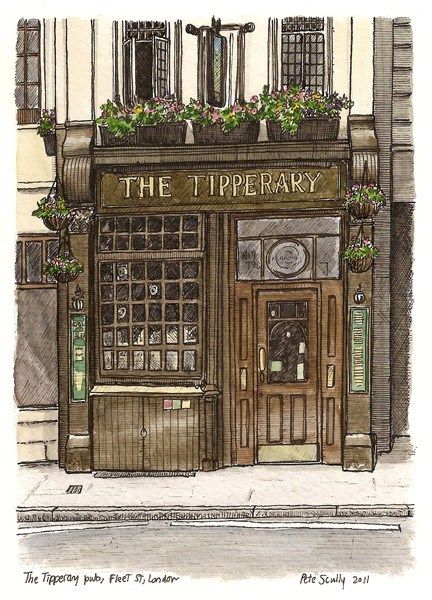 Pub Drawing, Urban Sketches, Pen And Wash, Watercolor Architecture, House Sketch, Fleet Street, Architecture Drawing Art, House Portraits, Urban Sketchers