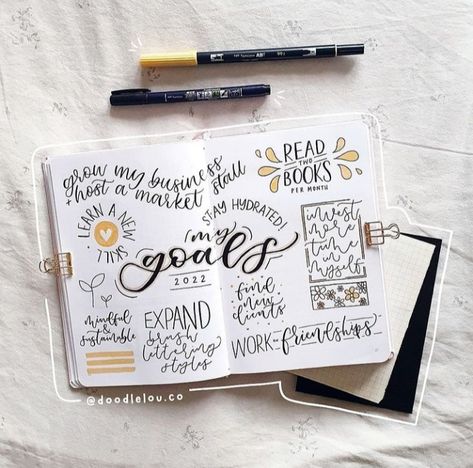 12 Bullet Journal Spreads to Help You Reach Your Goals - Wonder Forest Bullet Journal Goals Page Layout, 2024 Goals Bullet Journal, Journal Resolutions, Monthly Goals Bullet Journal, Goals Bullet Journal Layout, Journaling Cover, Bullet Journal Goals Page, Bullet Journal Yearly, Goal Template