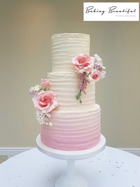 Ombre Pink Wedding, Pink Ombre Wedding Cake, Wedding Cake Pink, Pink Ombre Wedding, Crazy Wedding Cakes, Peacock Wedding Cake, Pink Buttercream, Country Garden Wedding, Garden Wedding Cake