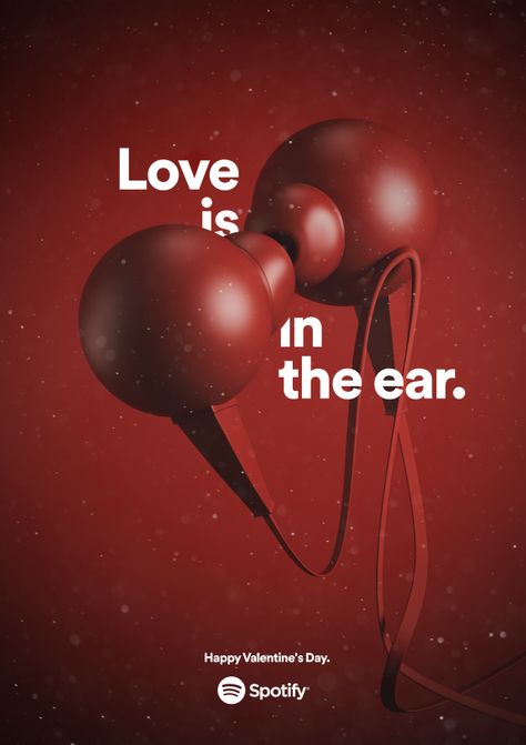 Print ad: Spotify: The Kiss Minimalist Creative Ads, Unique Ads Creative Advertising, Spotify Creative Ads, Spotify Ads Design, Creative Graphics Design Ads, World Music Day Creative Ads, Valentines Day Ads, Print Ads Design, Minimalist Advertising