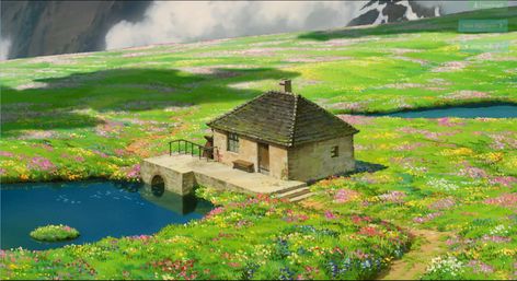 Howl's Moving Castle flower field Studio Ghibli, A House, Castle, Water, Flowers, Green