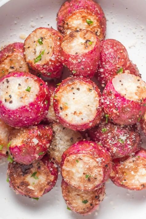 15 Minute Air Fryer Radishes 1 Air Fryer Radishes, Garlic Parmesan Potatoes, Radish Greens, Bacon Wrapped Jalapenos, Roasted Radishes, Parmesan Potatoes, Garlic Parmesan, Radishes, Breakfast Lunch Dinner